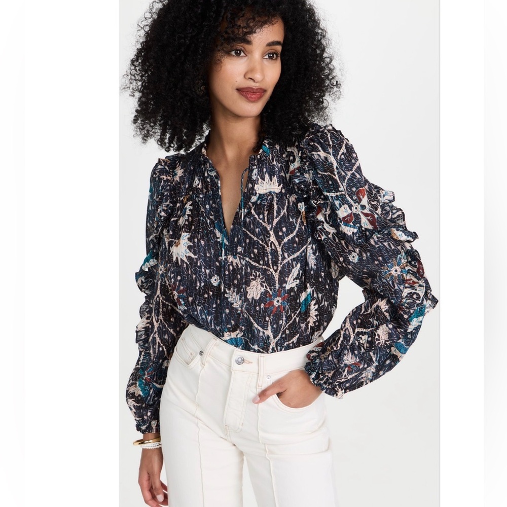 ULLA JOHNSON Manet Split-Neck Geo Floral Print
Puff-Sleeve Ruffle Blouse Size 2